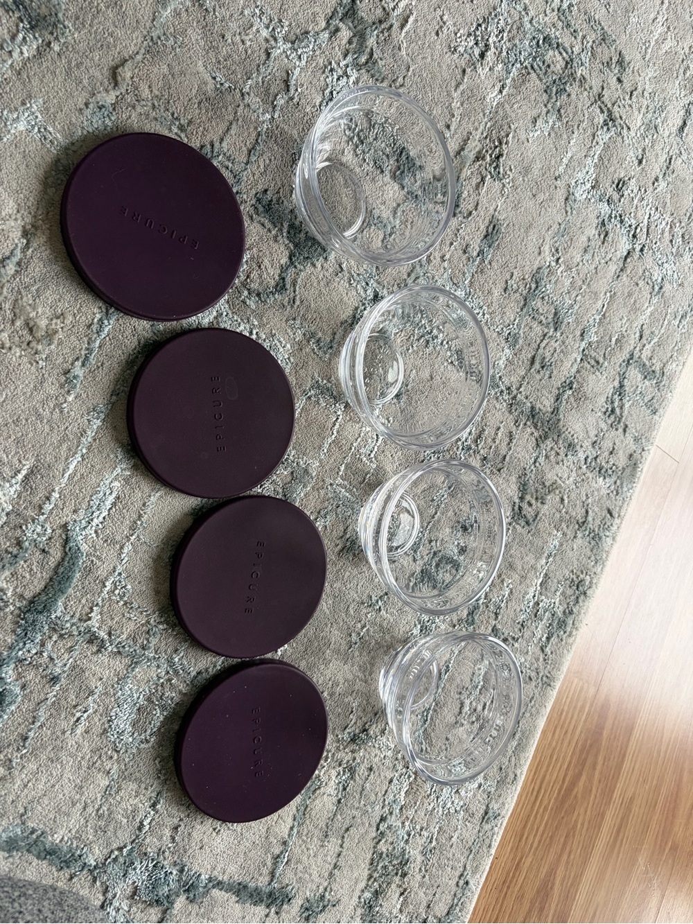 Set of 4 Clear Glass Vases with Dark Purple Silicone Coasters